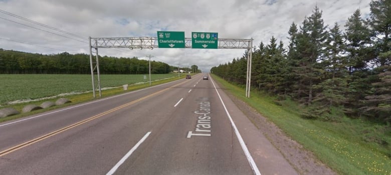 This highway sign on the Trans-Canada Highway near Borden-Carelton was struck and collapsed Tuesday evening.