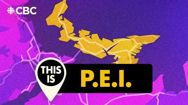 A poster for the podcast This Is P.E.I. It has a map of P.E.I. in yellow tones against a purple backdrop.  There is a locater arrow with the words 