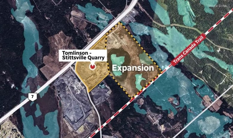 A map that shows Tomlinson's existing quarry, and where it hopes to expand. 