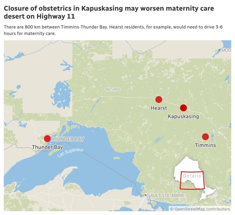 This map illustrates the distance communities on Highway 11 would need to travel to access an obstetrics unit.