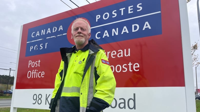 A man in yellow coat outside canada post sign 