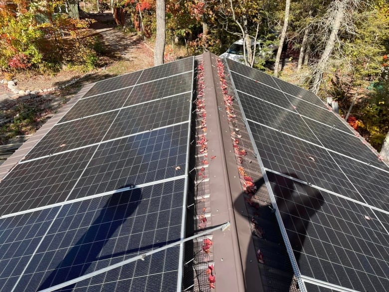 Someone's shadow on a roof as a picture of the solar panels is taken.  