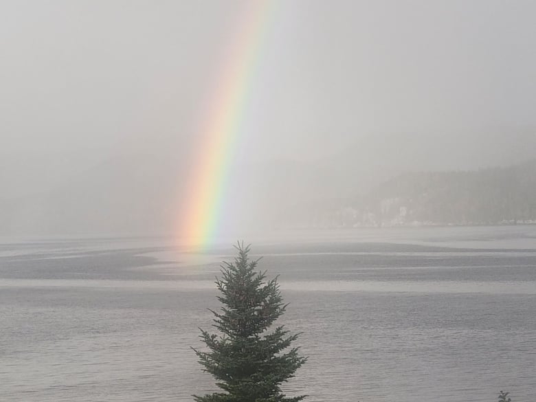 A rainbow over the ocean.