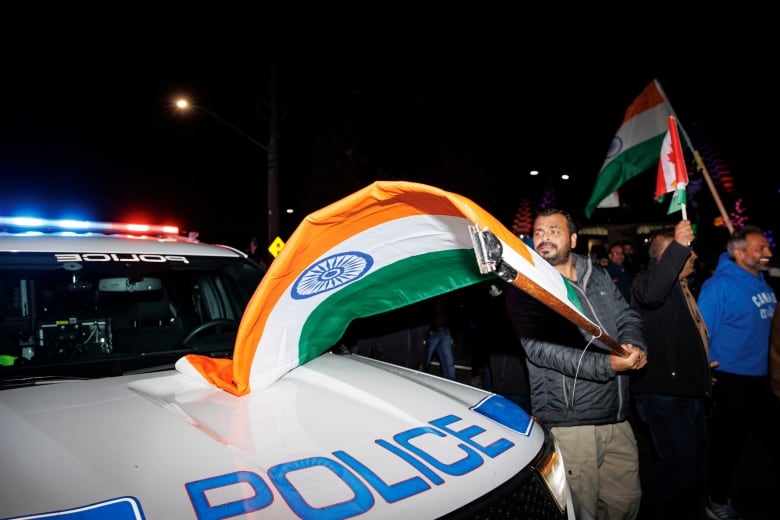 Members of Bramptons Hindu community hold a rally, blocking traffic, near the Hindu Sabha temple on Nov. 4, 2024.