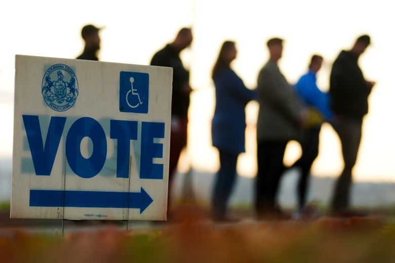 People stand in a line beside a sign that says vote