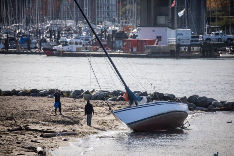 A washed up sailboat is pictured on a beach, with people next to it taking pictures.