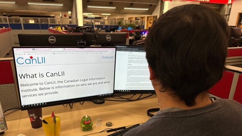 A person looks at a computer screen which reads 'CanLII' and 'Welcome to CanLII, the Canadian Legal Information Institute. Below is information on who we are and what services we provide'.