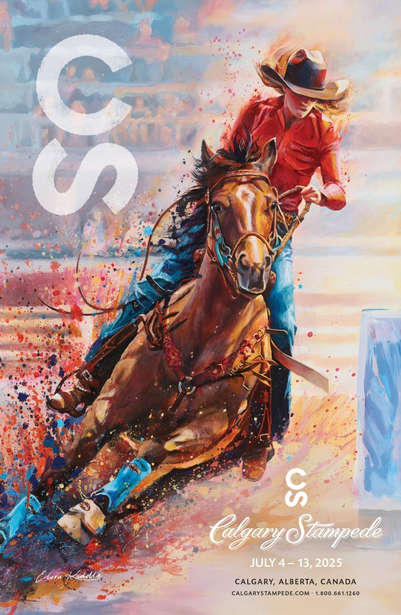 A painting of a rodeo competitor wearing a cowboy hat and a red button-down shirt riding a horse in a barrel racing event. 