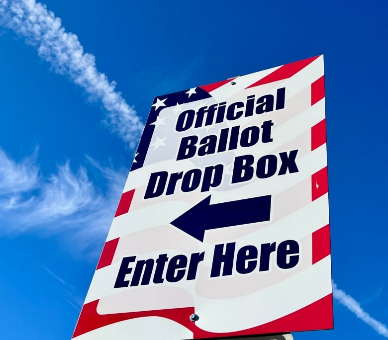 A red, white, and blue U.S. election sign that says Official Ballot Drop Box, Enter Here with an arrow underneath it.