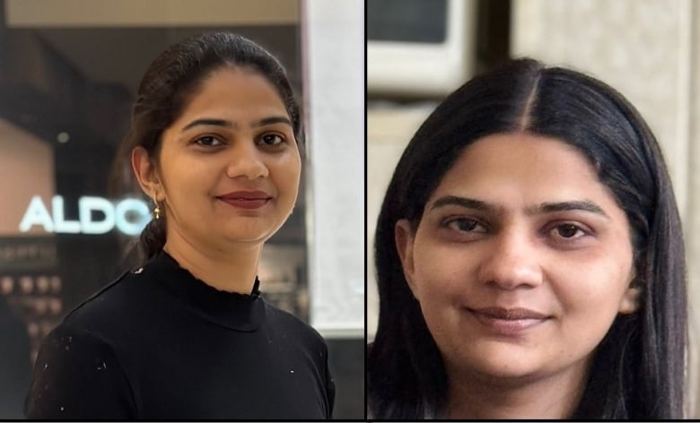 Two images of an Indian woman smiling.