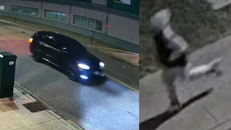 On the left, a screenshot of black Dodge Durango vehicle from CCTV footage. On the right, a man in a black and white sweater can be seen running.