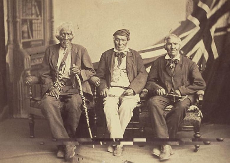 Studio portrait taken in July 1882 of the surviving Six Nations warriors who fought with the British against the Americans in the War of 1812.