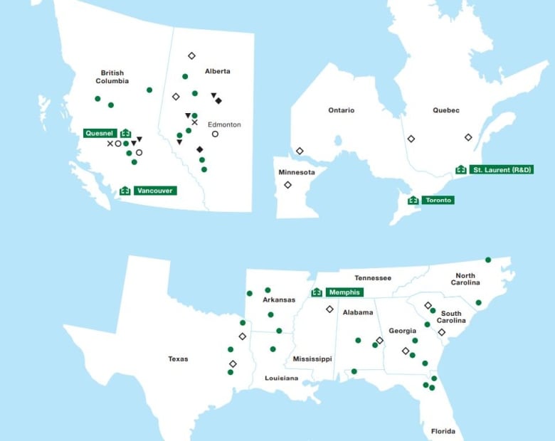 A map that shows mill operations in North America.