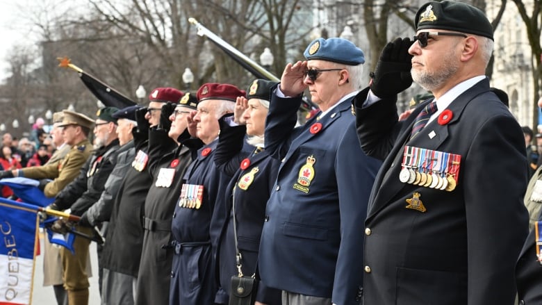 Canadian Armed Forces veterans salute during Remembrance Day ceremony