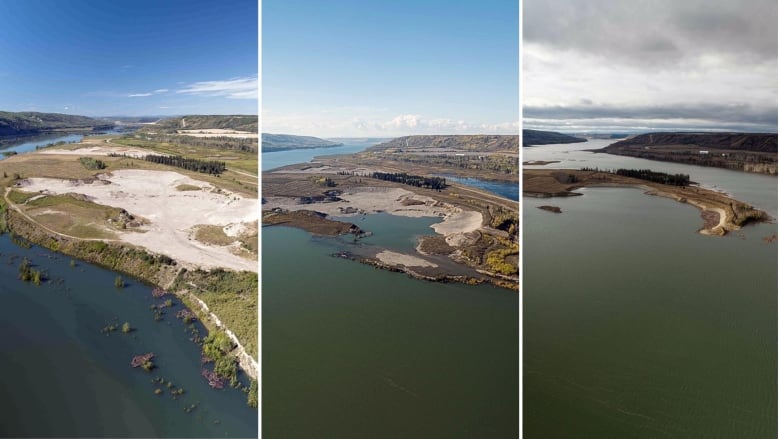 Three pictures showing the same island getting covered with water.