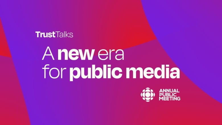 Dark red, blue and red squares in various patterns with white text over top that says Trust Talks - A new era for public media. The CBC logo is below