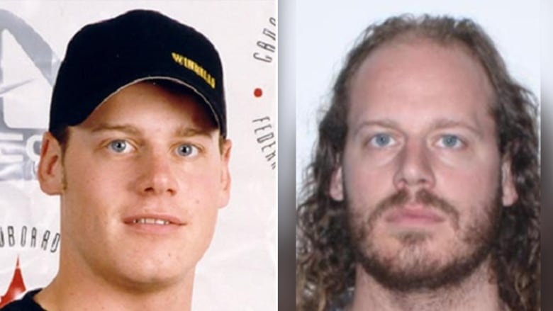 Two pictures of the same man. On the left, he is clean shaven and is wearing a black cap. On the right, he has a beard and long hair.