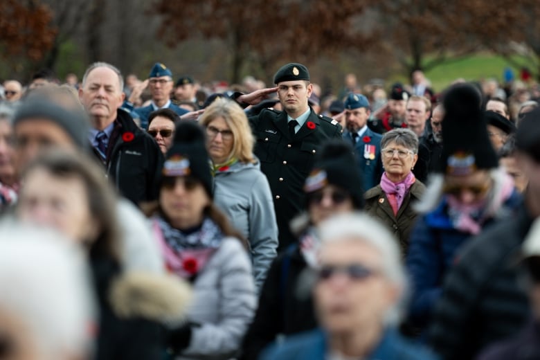 A Canadian Armed Forces member salutes during a Remembrance Day commemorative event at the National Military Cemetery at Beechwood Cemetery in Ottawa, on Monday, Nov. 11, 2024.