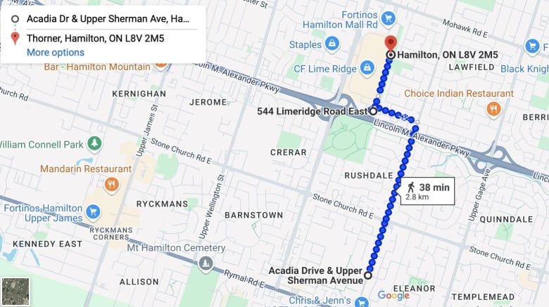 A Google Maps screenshot showing a parade route