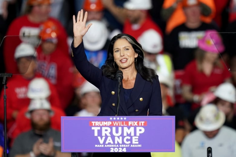 Tulsi Gabbard appears at a campaign rally for Donald Trump, held in Pittsburgh, on the day before the 2024 U.S. presidential election.