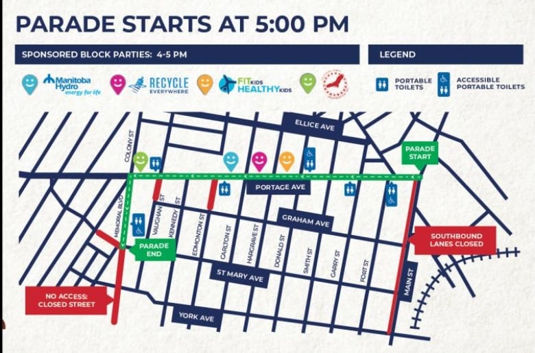 A road map showing street closures and a parade route