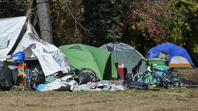 A homeless encampment is shown in the east end of Montreal. 