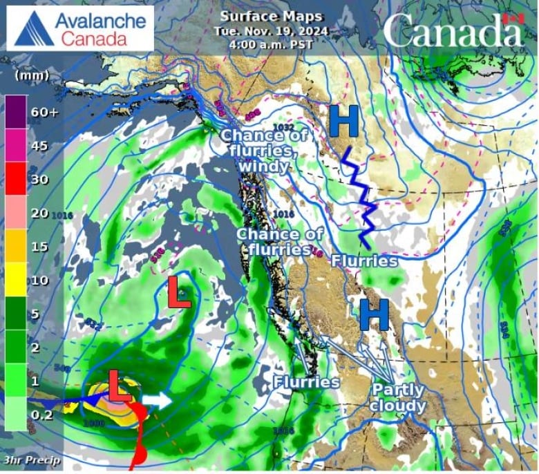 A meteorological map showing a very strong low pressure system off B.C.'s coast.