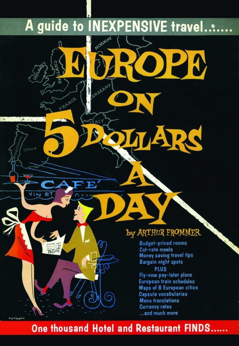 A dark book cover showing an animated woman and man is shown, entitled Europe on 5 Dollars a Day.