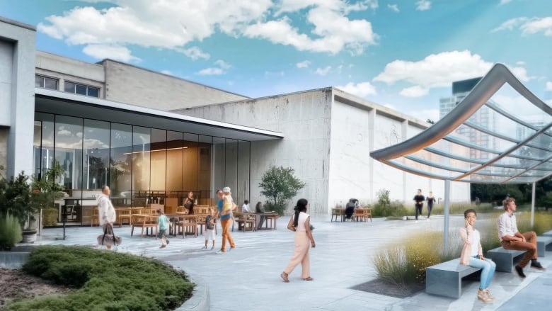 An animated visual rendering of what a repurposed old Royal Alberta Museum could look like. It is a view from the south side of the window that shows large modern glass inserted into the limestone covered building with tables out front with people walking around and sitting outside.