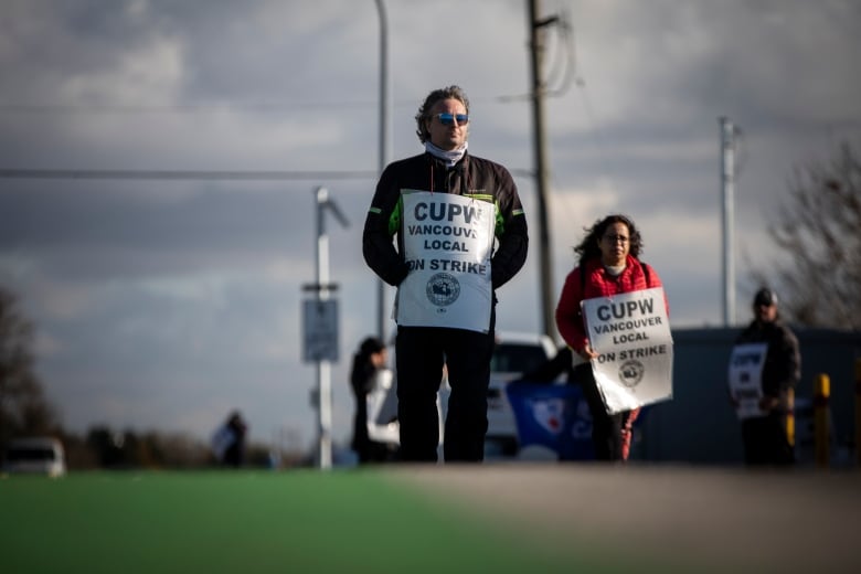 Two people are shown against a cloudy sky holding signs that say, 'CUPW Vancouver local on strike.'