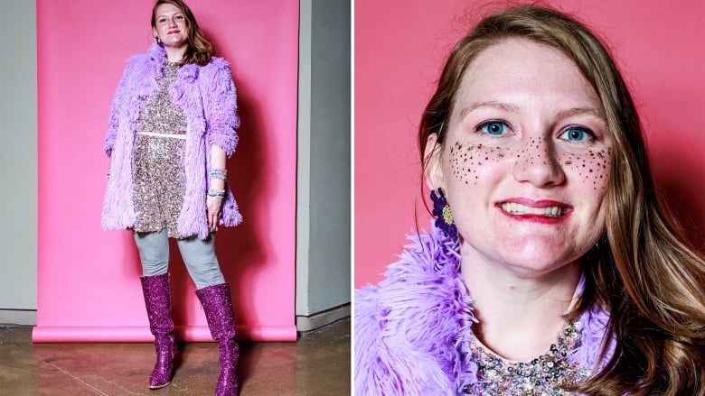 A closeup of a  woman with glitter on her face, smiling.