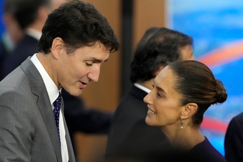 A man with brown hair talks a woman with a bun.