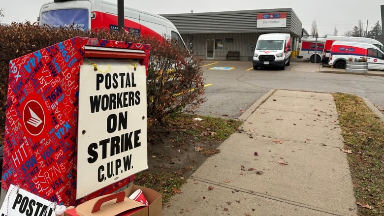 Workers strike outside a Canada Post sorting facility at 150 St. Leger St., in Kitchener, Ont., on Friday, Nov. 15, 2024.