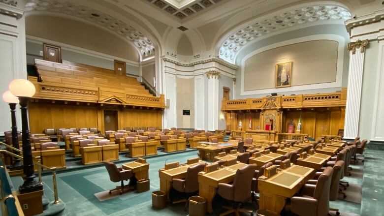 The Saskatchewan Legislative Assembly floor has undergone a makeover with 34 seats on the government side (left) and 27 seats on the Opposition side (right). 