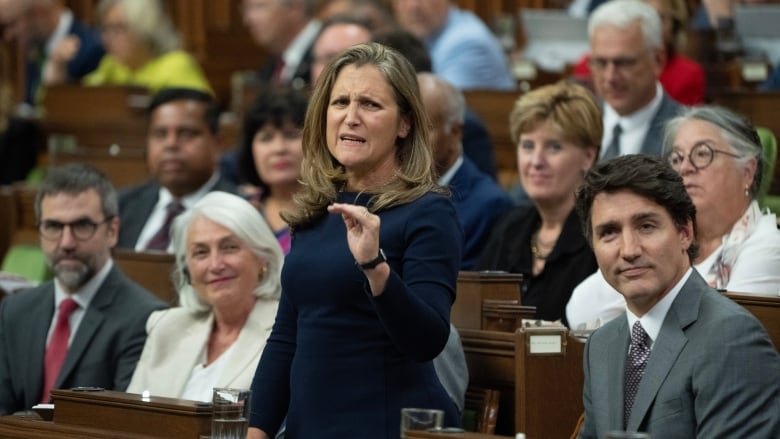 Finance Minister Chrystia Freeland responds to a question from the opposition during question period in Ottawa on Monday, Sept. 16, 2024.