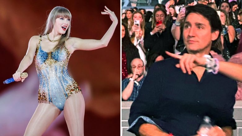 In this collage image, a singer dancers on the left in a sparkly outfit and a man in a blac shirt stands in front of the crowd on the left. 