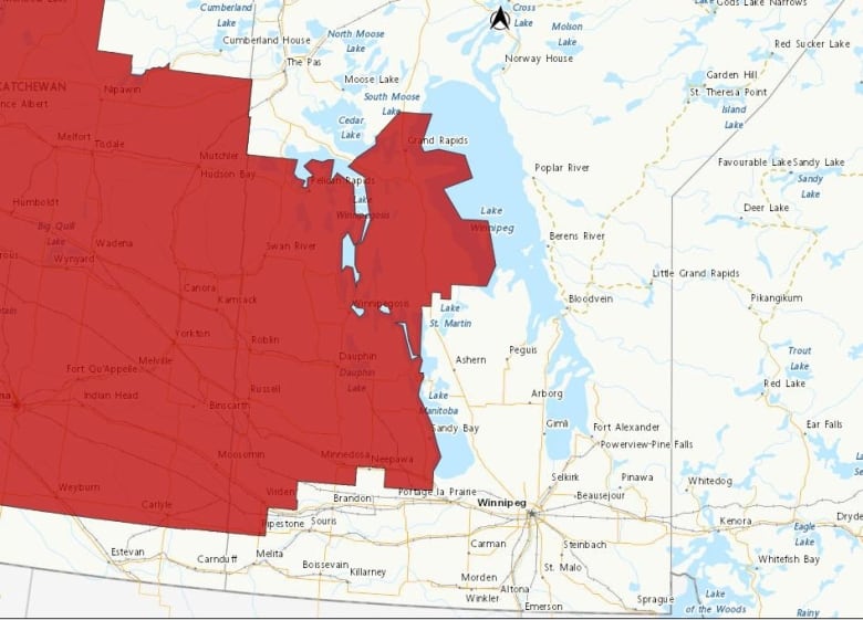 A map of central Canada shows many areas in western Manitoba covered in red.