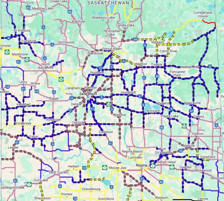 The Saskatchewan Highway Hotline map for the morning of November 24th. Many highways are shown in blue to denote they are not recommended for travel.