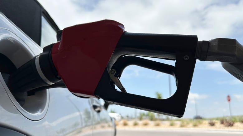 A close up of a gasoline nozzle in a vehicle's gas tank.