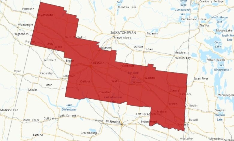 A map of Saskatchewan with parts of it covered in red.