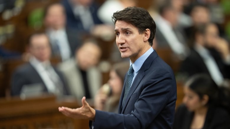 Prime Minister Justin Trudeau gestures as he stands in the House of Commons during Question Period. 