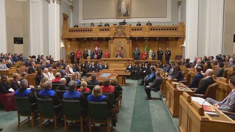 Lieutenant Governor Russ Mirasty addresses the crowd assembled for Monday's throne speech.